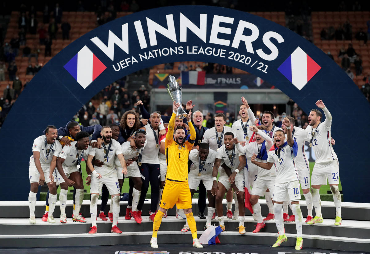 France captain Hugo Lloris pictured lifting the UEFA Nations League trophy after the 2020/2021