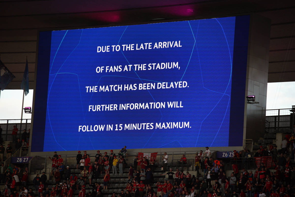 A message shown on the big screen at the Stade de France after kick-off in the 2022 Champions League was delayed