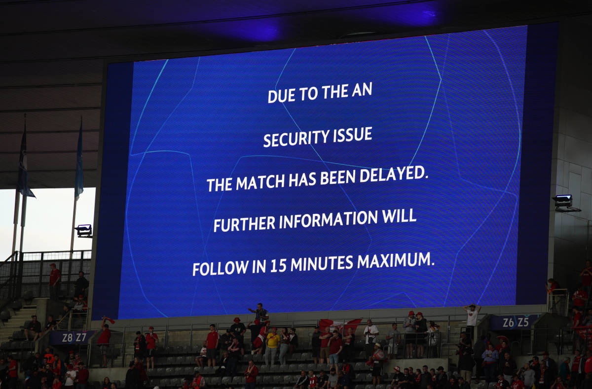 A poorly-written message shown on the big screen at the Stade de France after kick-off in the 2022 Champions League was delayed