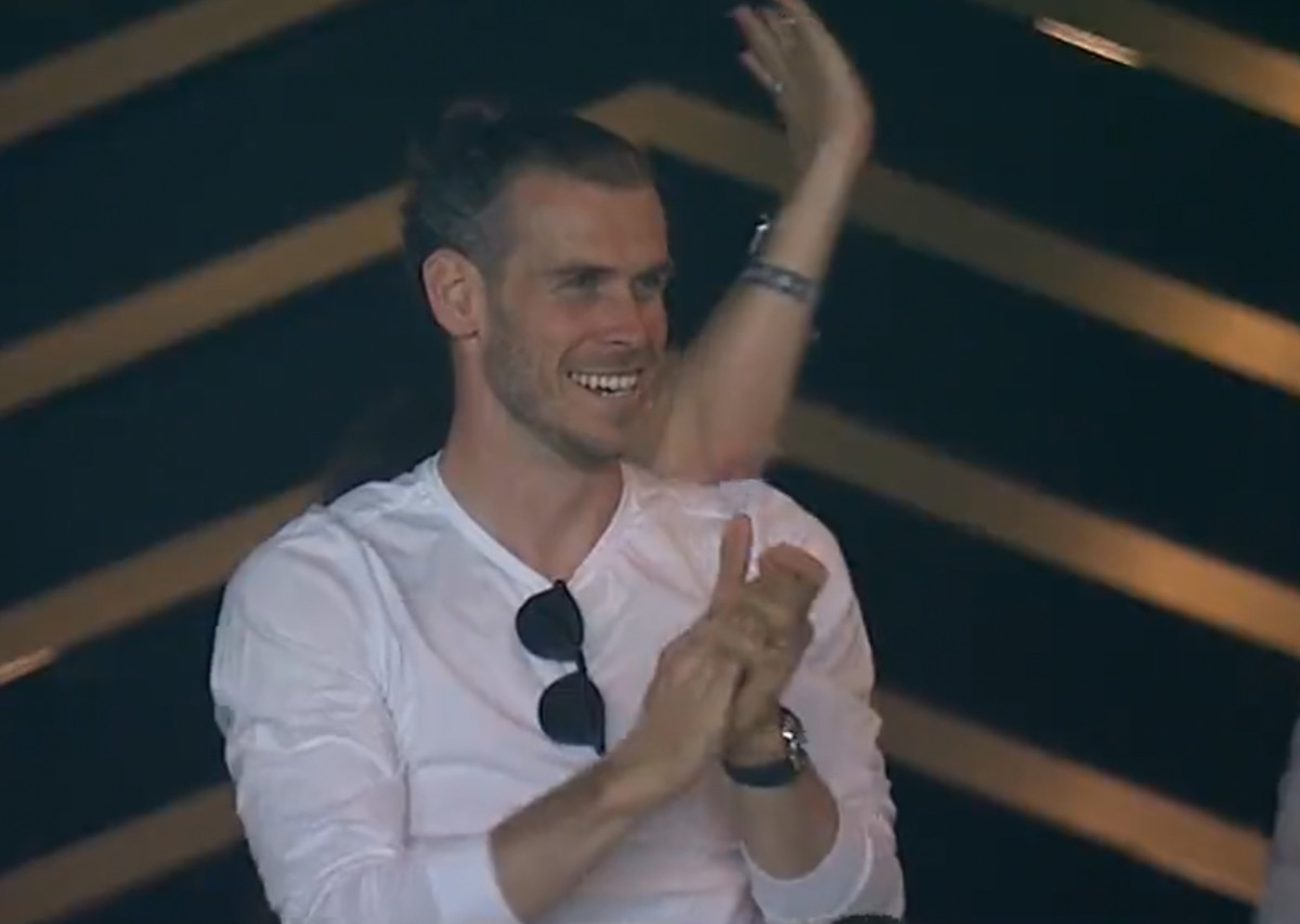 Gareth Bale pictured in the stands celebrating an LAFC goal against LA Galaxy on July 8
