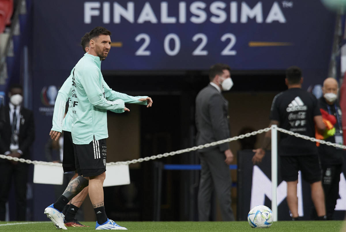 Lionel Messi pictured warming up ahead of Finalissima 2022 between Argentina and Italy at Wembley