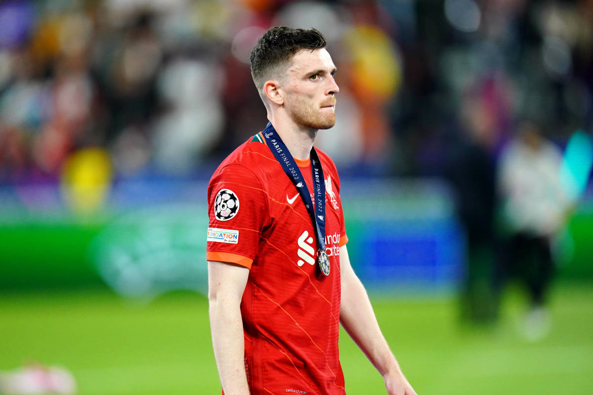 Andy Robertson pictured at the Stade de France after Liverpool's 1-0 loss to Real Madrid in the 2022 Champions League final