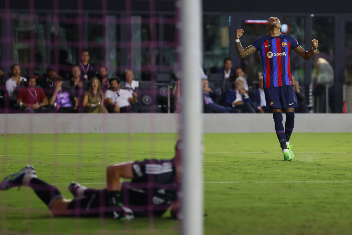 Raphinha pictured (right) after scoring his first goal for Barcelona in a 6-0 pre-season friendly win over Inter Miami in July 2022