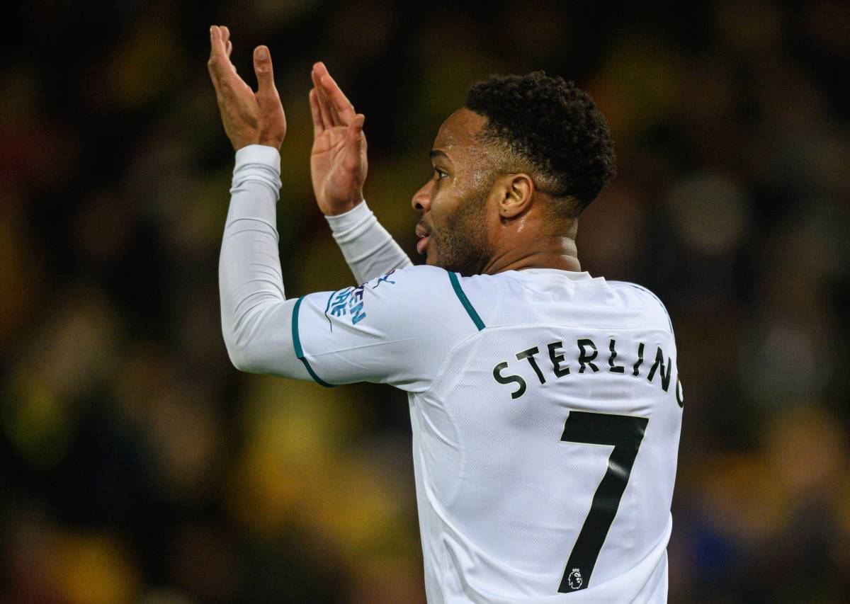 Raheem Sterling pictured playing for Manchester City in February 2022