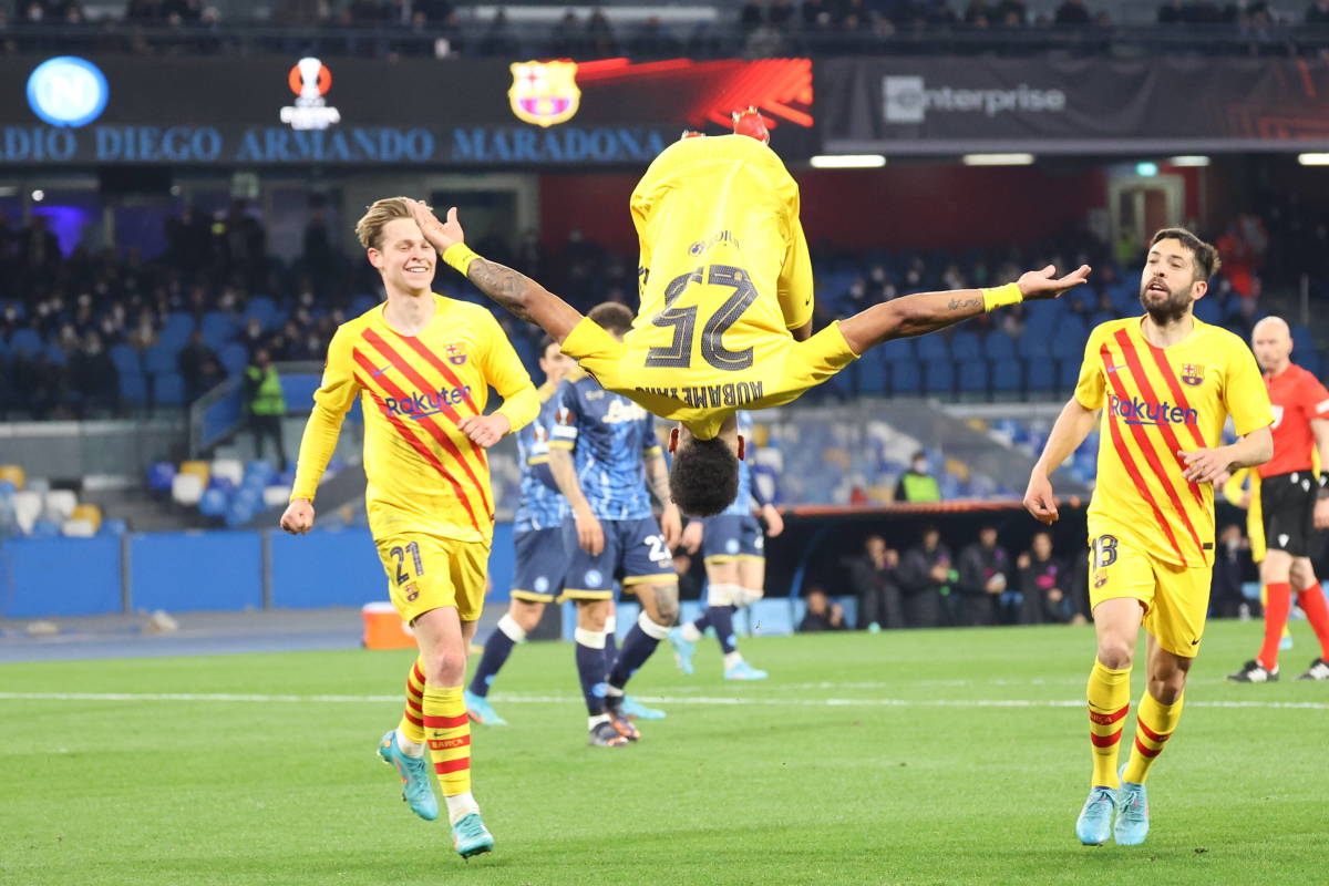 Pierre-Emerick Aubameyang performs an acrobatic goal celebration after scoring for Barcelona against Napoli