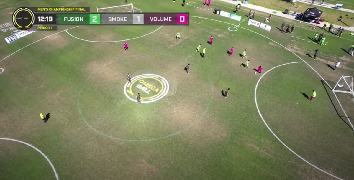 An aerial view of an OmegaBall pitch taken during the sport's first ever men's championship game in 2022