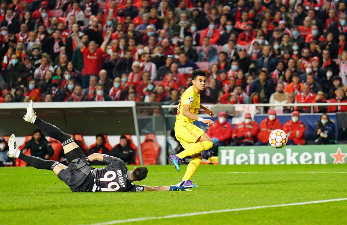 Luis Diaz scores for Liverpool in their 3-1 win at Benfica in April 2022