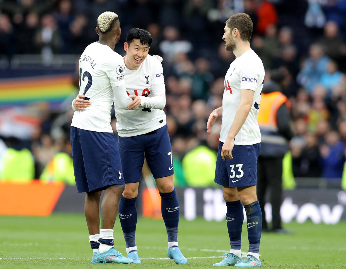 Emerson Royal, Son Heung-min and Ben Davies celebrate after all scoring in Tottenham's 5-1 win over Newcastle in 2022