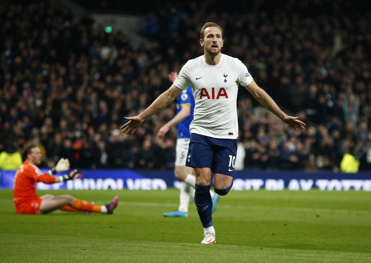 Harry Kane pictured celebrating a goal for Tottenham against Everton in March 2022