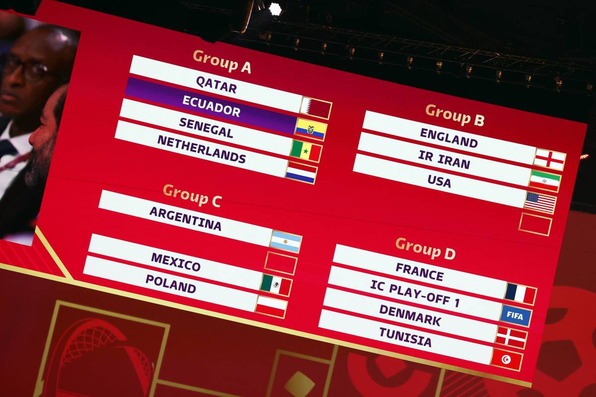 A picture showing the giant screen on display at the 2022 FIFA World Cup draw in Qatar