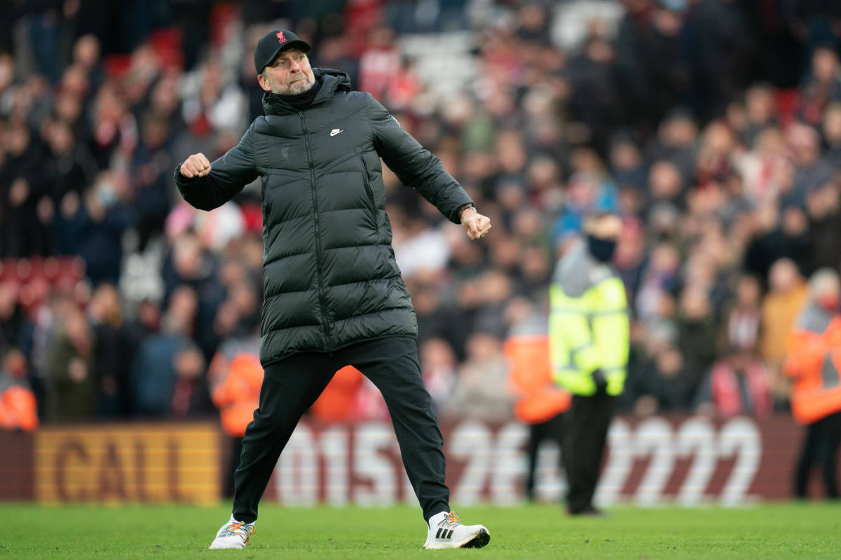 Jurgen Klopp pictured interacting with the crowd at Anfield after Liverpool's win over Brentford in January 2022