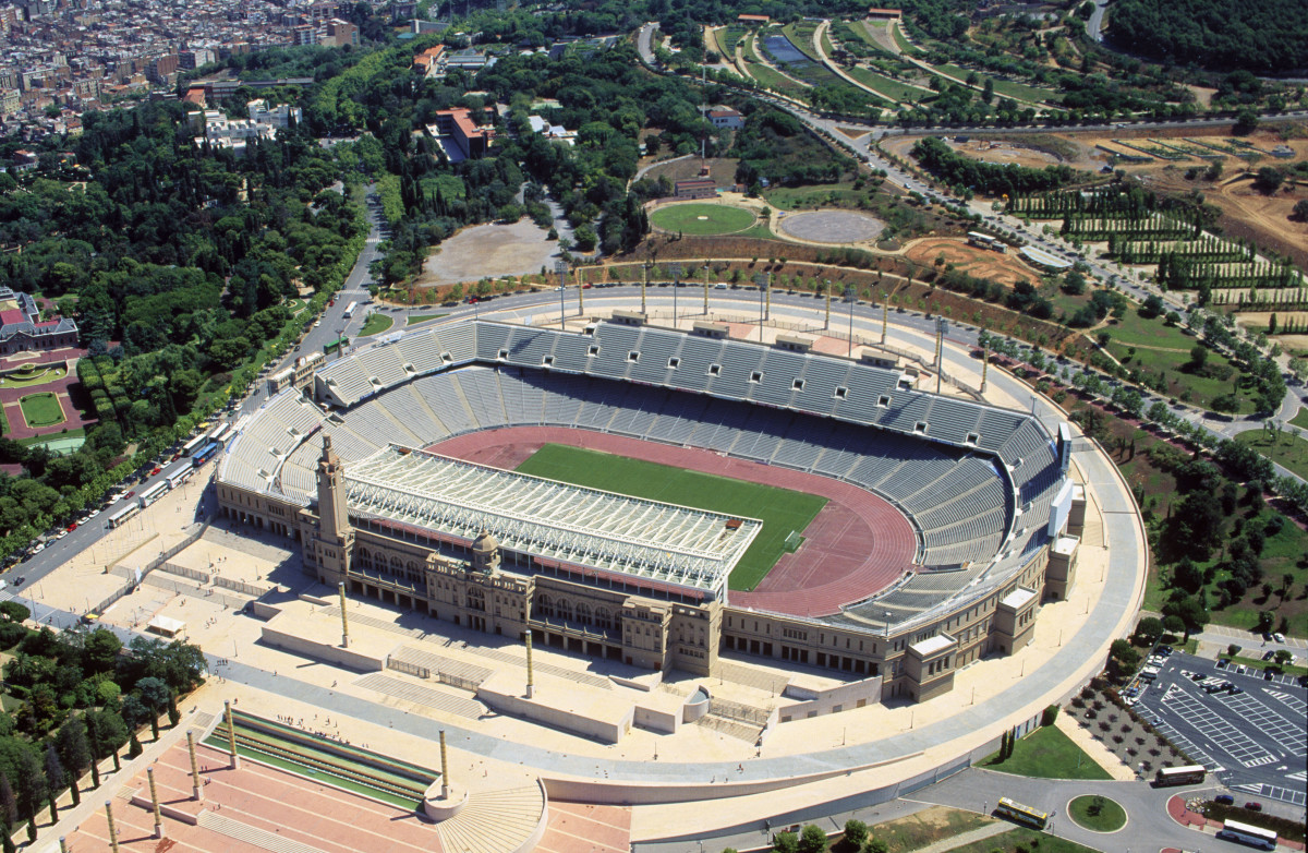 An aerial view of the Olympic Stadium in Barcelona