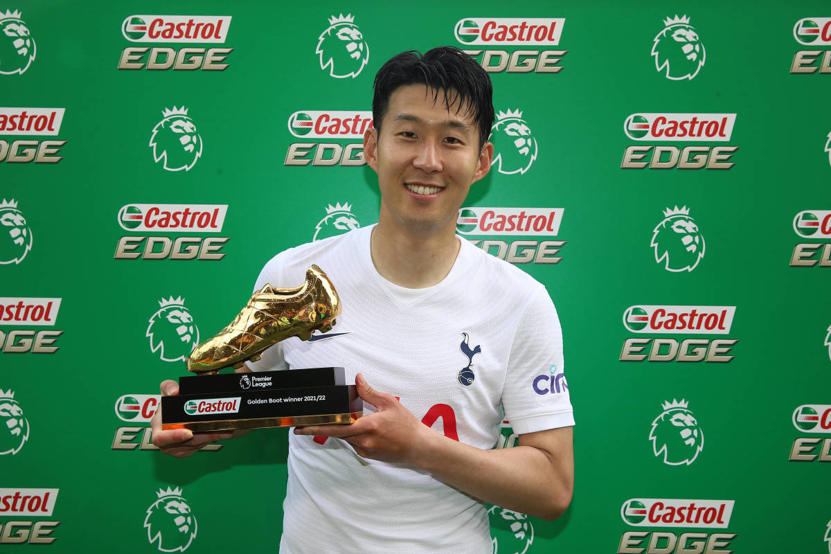 Son Heung-min pictured holding the Golden Boot trophy after ending the 2021/22 season as the joint top scorer in the Premier League