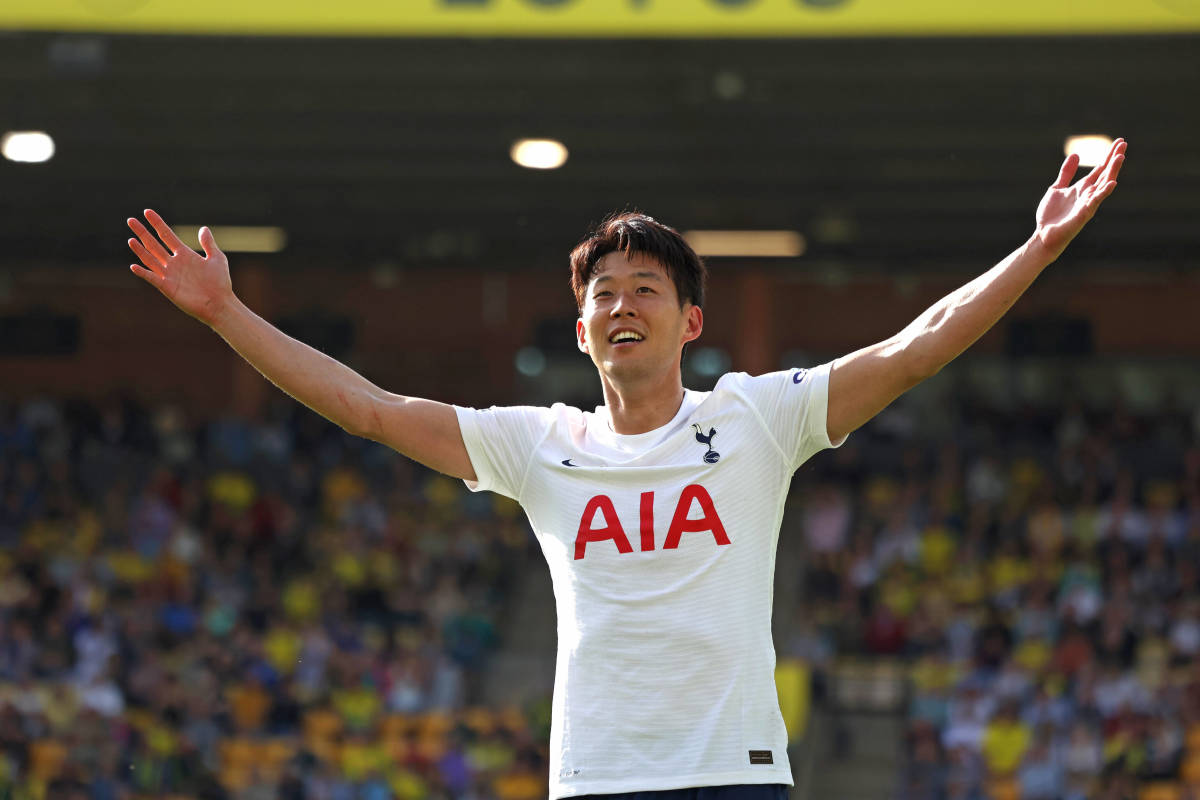 Son Heung-min pictured celebrating after scoring for Tottenham in their 5-0 win at Norwich City on the final day of the 2021/22 season