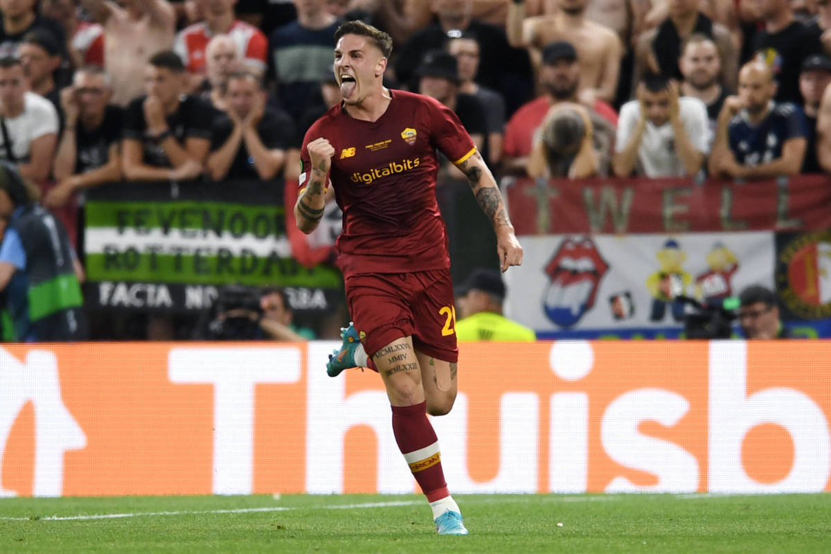 Nicolo Zaniolo pictured celebrating after scoring for Roma against Feyenoord in the 2022 UEFA Europa Conference League final