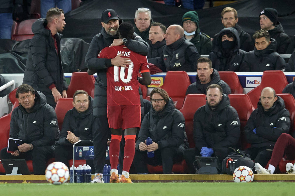 Jurgen Klopp hugs Sadio Mane after substituting him during Liverpool's 2-0 win over Villarreal in the first leg of their Champions League semi-final