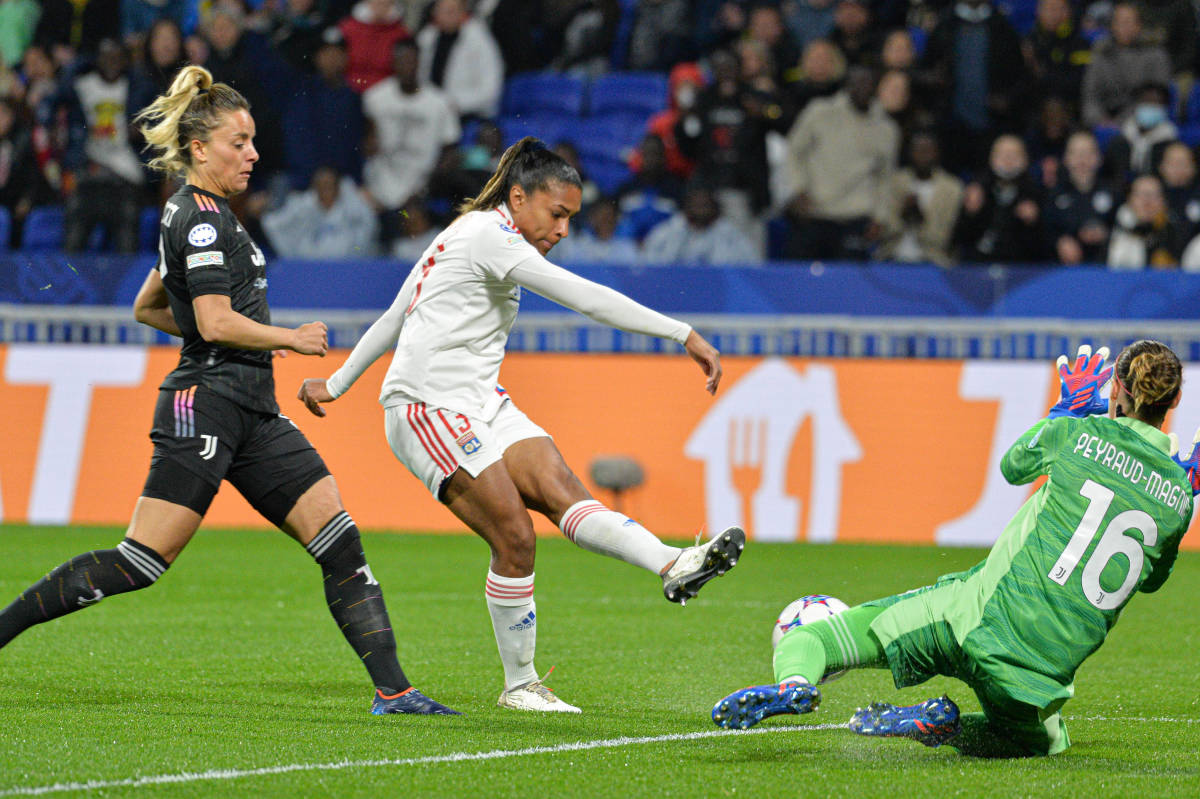 Catarina Macario (center) pictured in action for Lyon against Juventus in their UEFA Women's Champions League quarter-final in March 2022