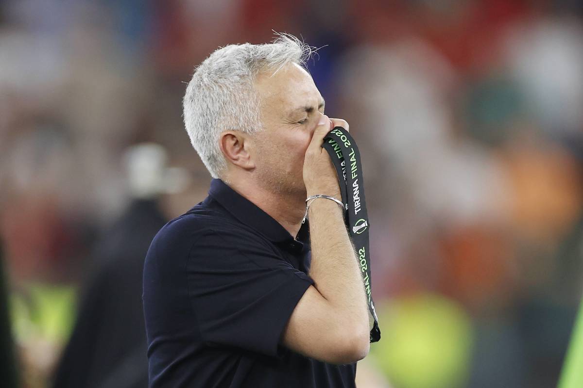 Jose Mourinho pictured kissing his winners medal after leading Roma to glory in the first ever Europa Conference League final