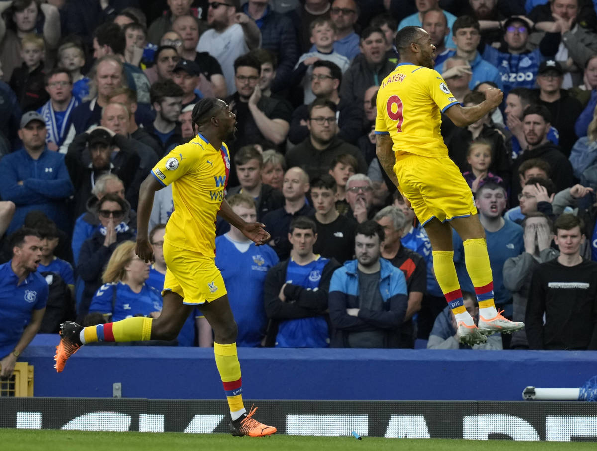 Jordan Ayew (right) pictured celebrating at Goodison Park after scoring a goal for Crystal Palace against Everton in May 2022
