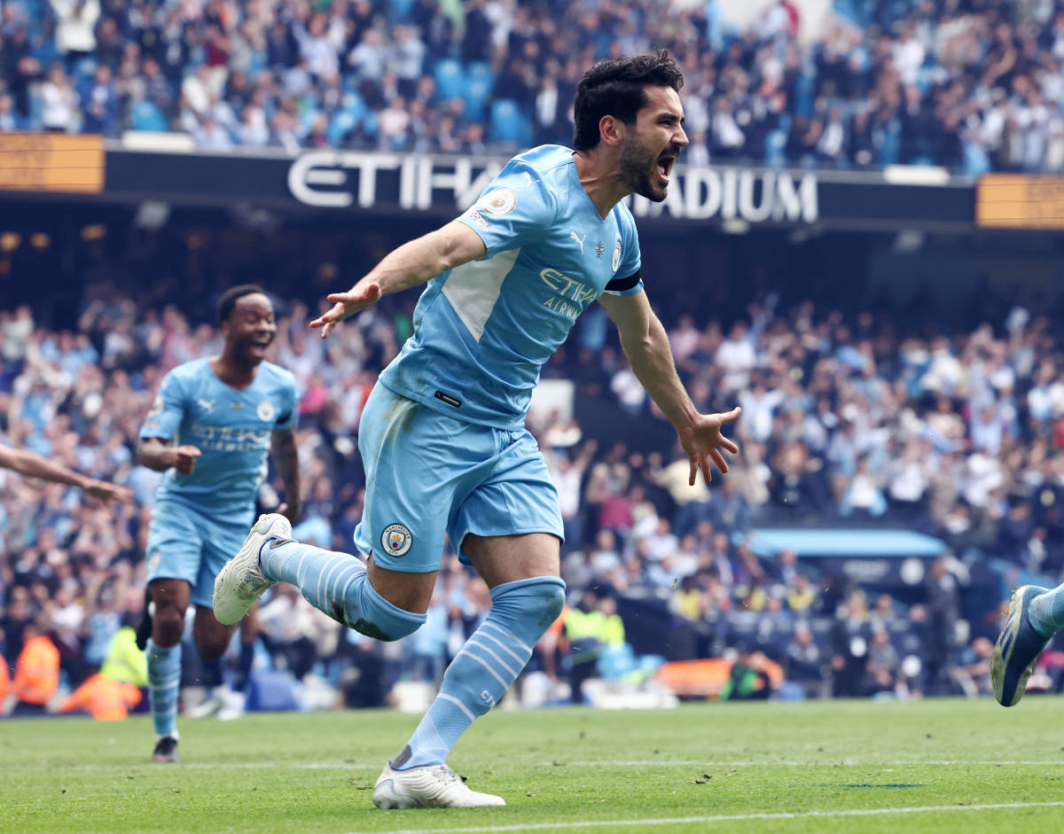 Ilkay Gundogan pictured celebrating after scoring a goal in Manchester City's 3-2 win over Aston Villa on the final day of the 2021/22 season