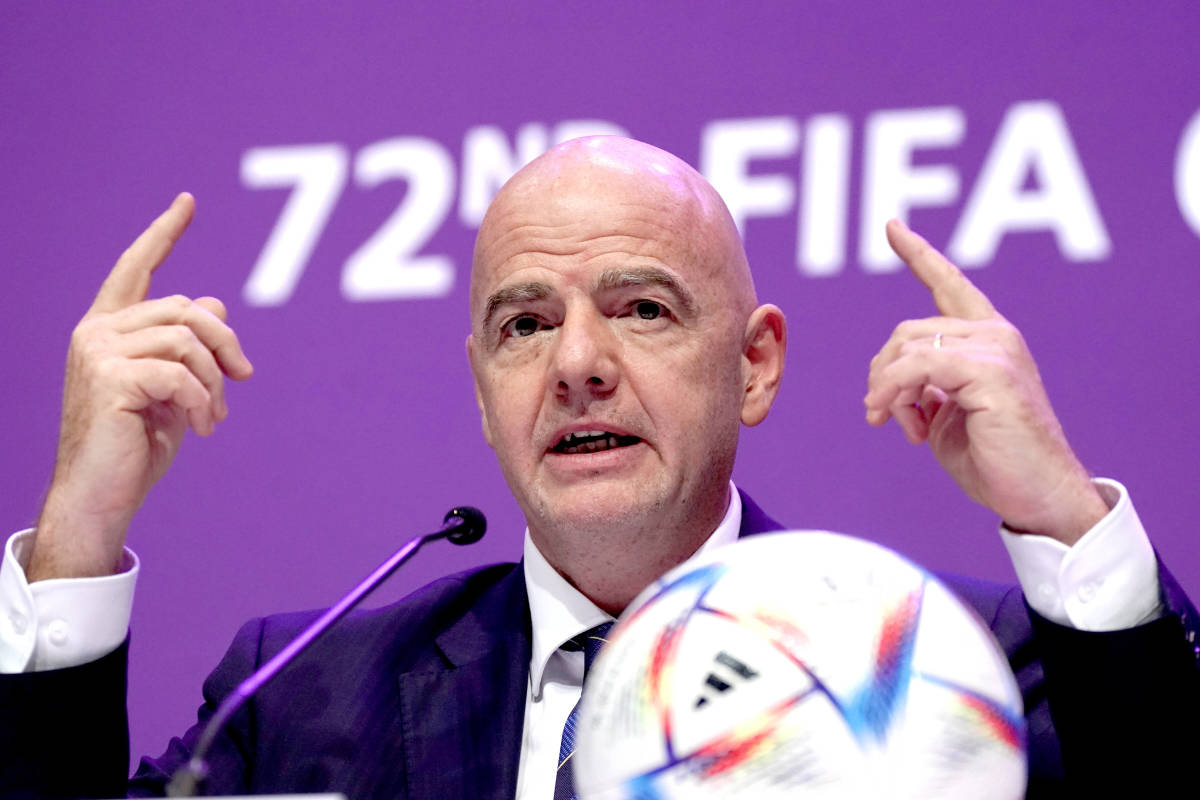 FIFA president Gianni Infantino pictured speaking at the 72nd FIFA congress in Qatar