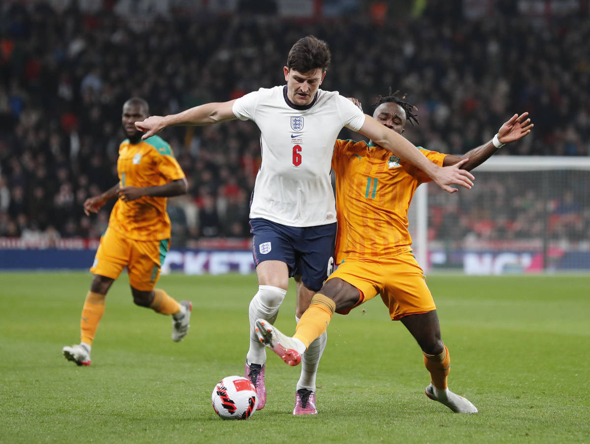 Harry Maguire (no.6) pictured in action for England against Ivory Coast in March 2022