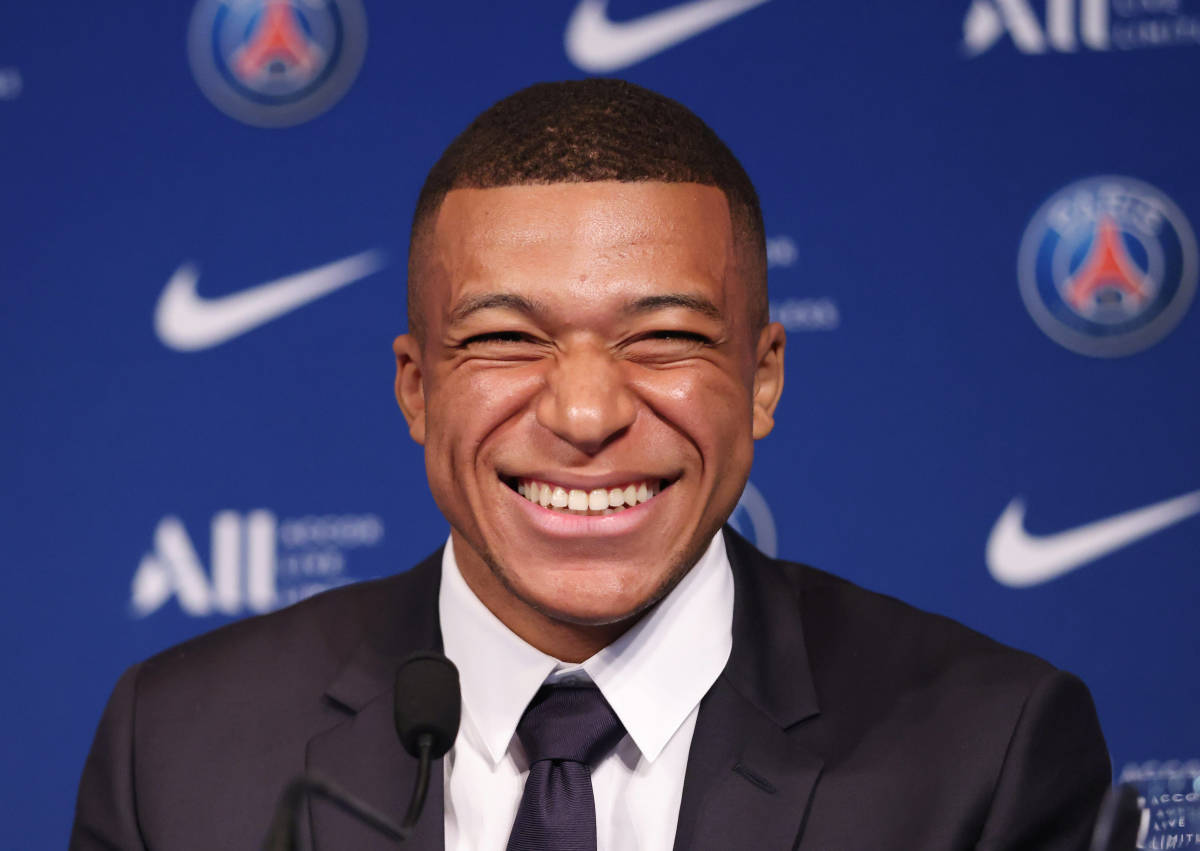 Kylian Mbappe pictured at a PSG press conference in May 2022