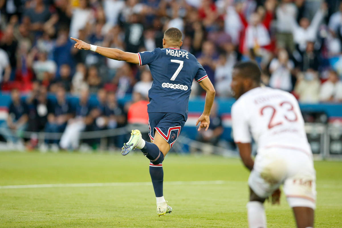 Kylian Mbappe pictured celebrating a goal against Metz on the final day of the 2021/22 Ligue 1 season