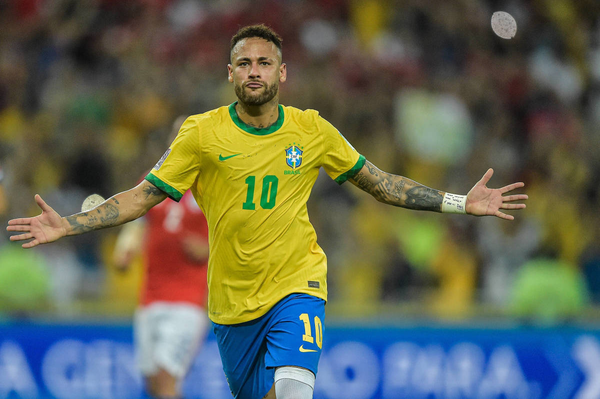 Neymar pictured celebrating a goal for Brazil against Chile in March 2022