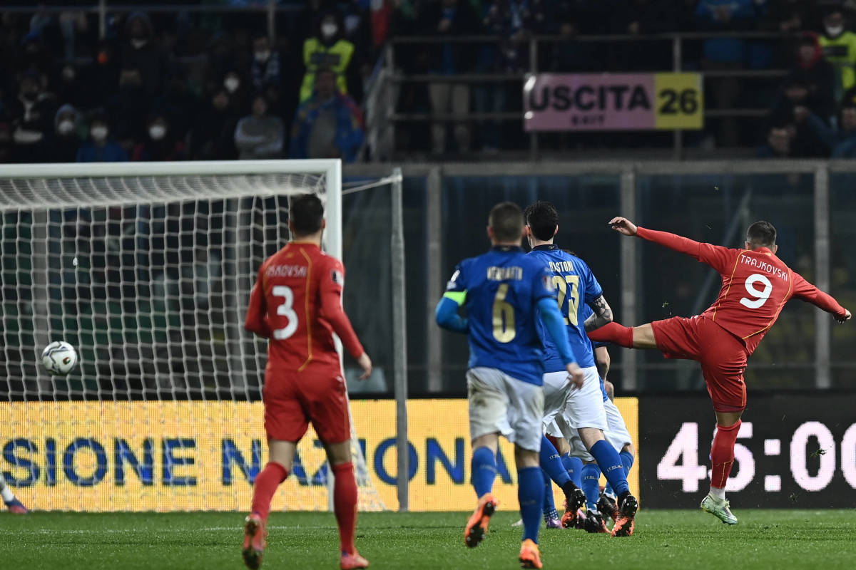 No.9 Aleksandar Trajkovski shoots to score a goal for North Macedonia that means Italy will not be at the 2022 World Cup