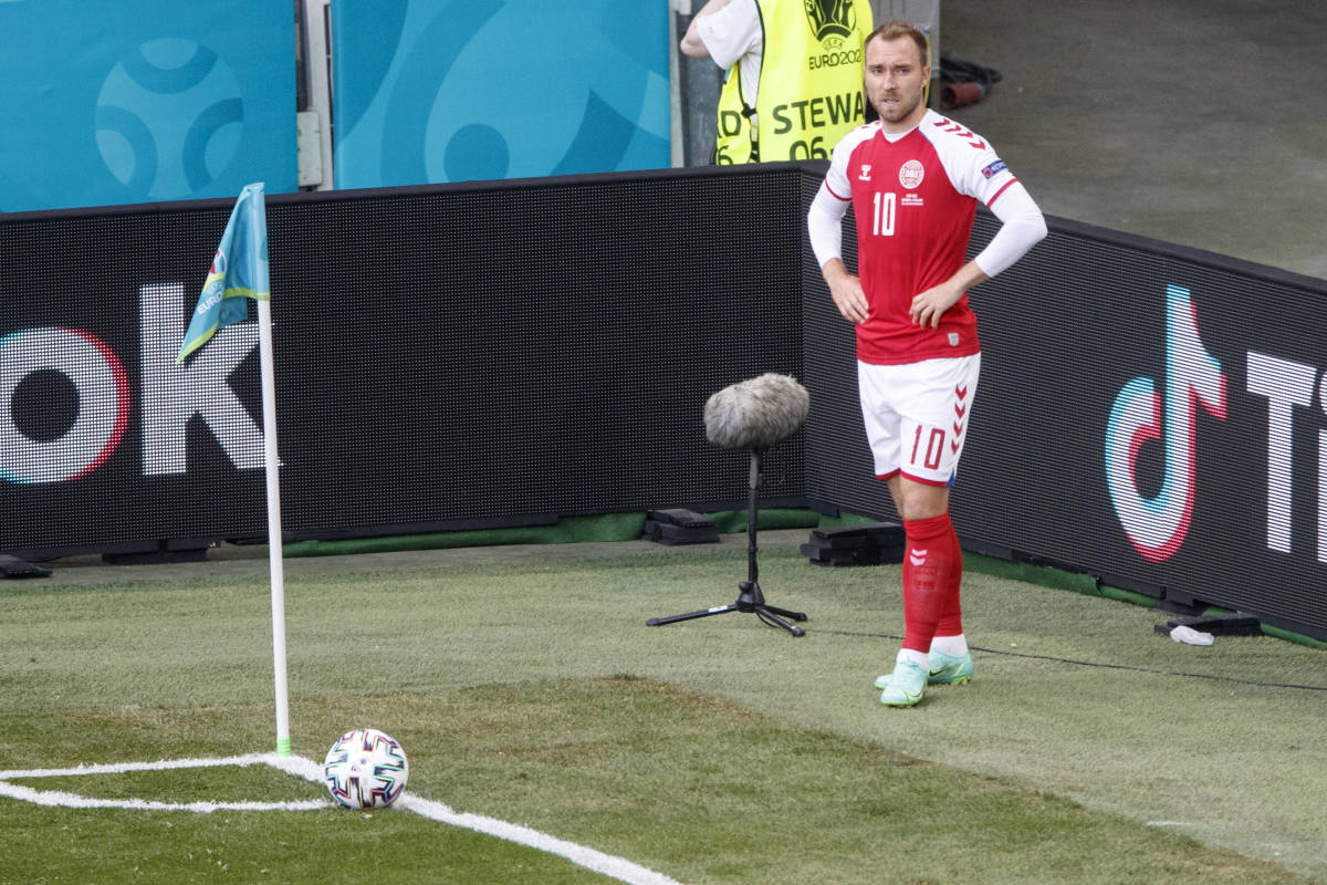 Christian Eriksen pictured playing for Denmark against Finland, shortly before he suffered a cardiac arrest in June 2021