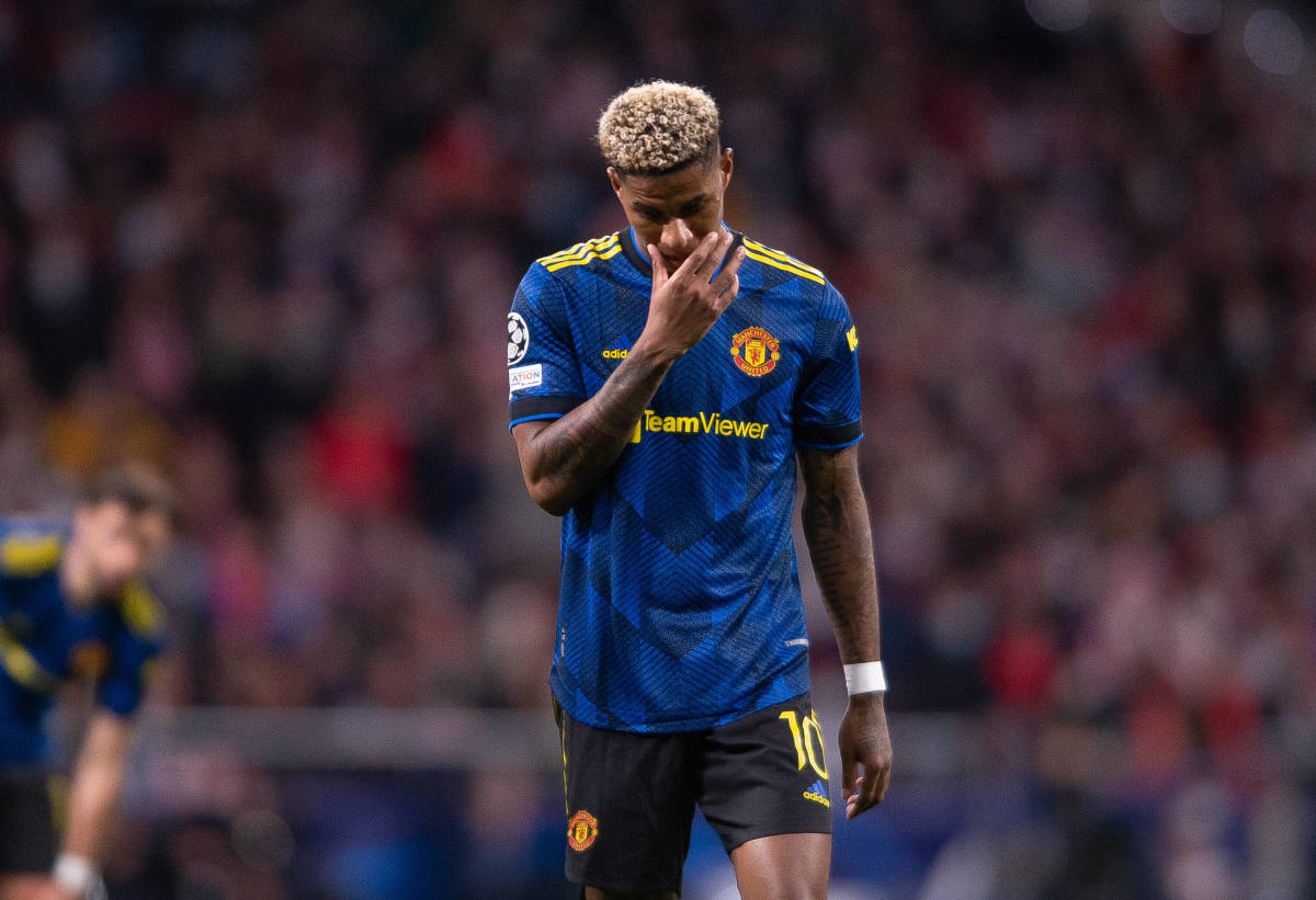 Marcus Rashford pictured during Manchester United's game with Atletico Madrid in Spain in February 2022