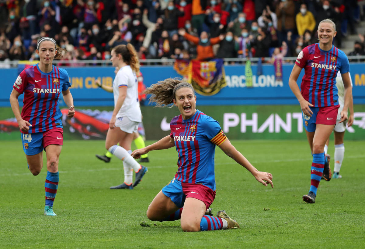 Alexia Putellas performs a goal celebration after scoring in Barcelona's 5-0 Clasico win over Real Madrid in March 2022