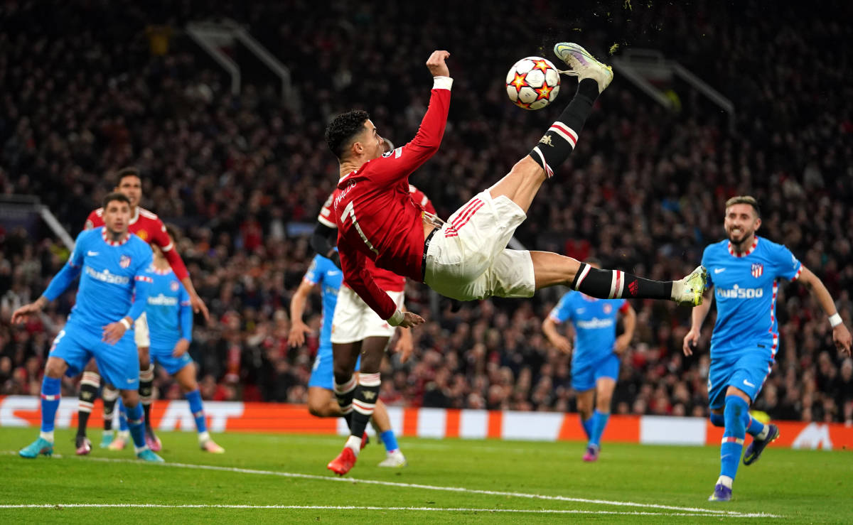 Manchester United's Cristiano Ronaldo fires a bicycle kick volley towards Atletico Madrid's goal before being flagged for offside