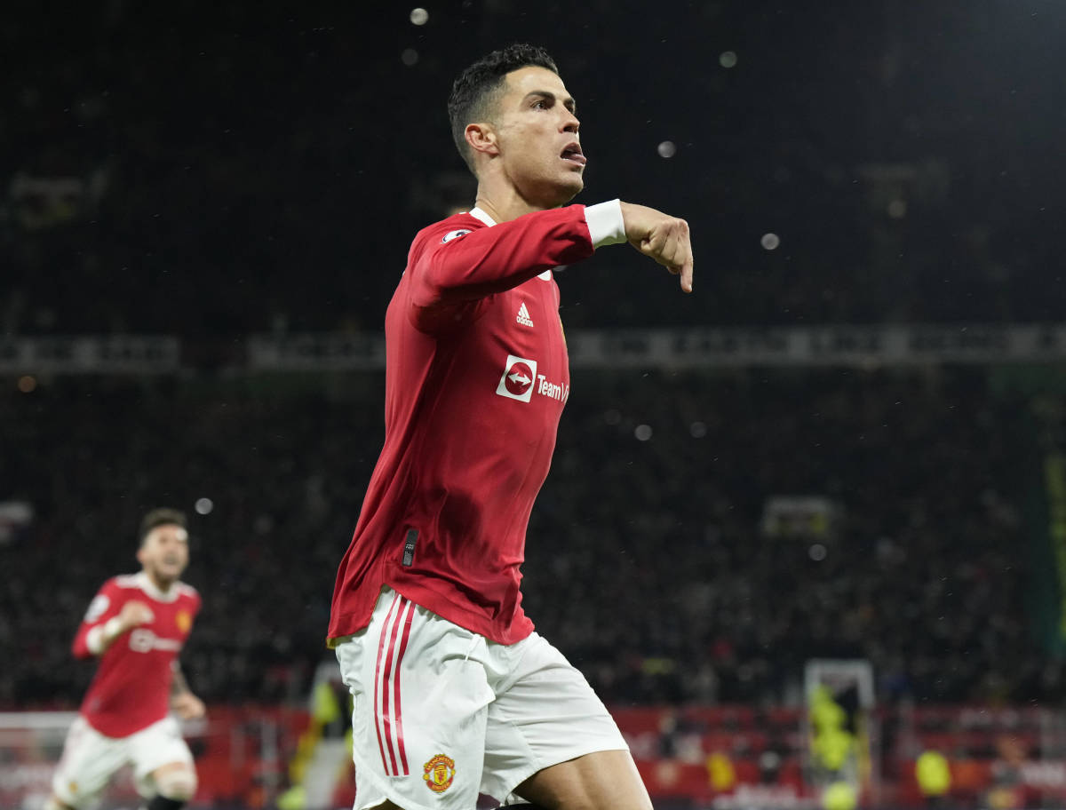 Cristiano Ronaldo celebrates the goal which saw him become the all-time top scorer in men's professional soccer