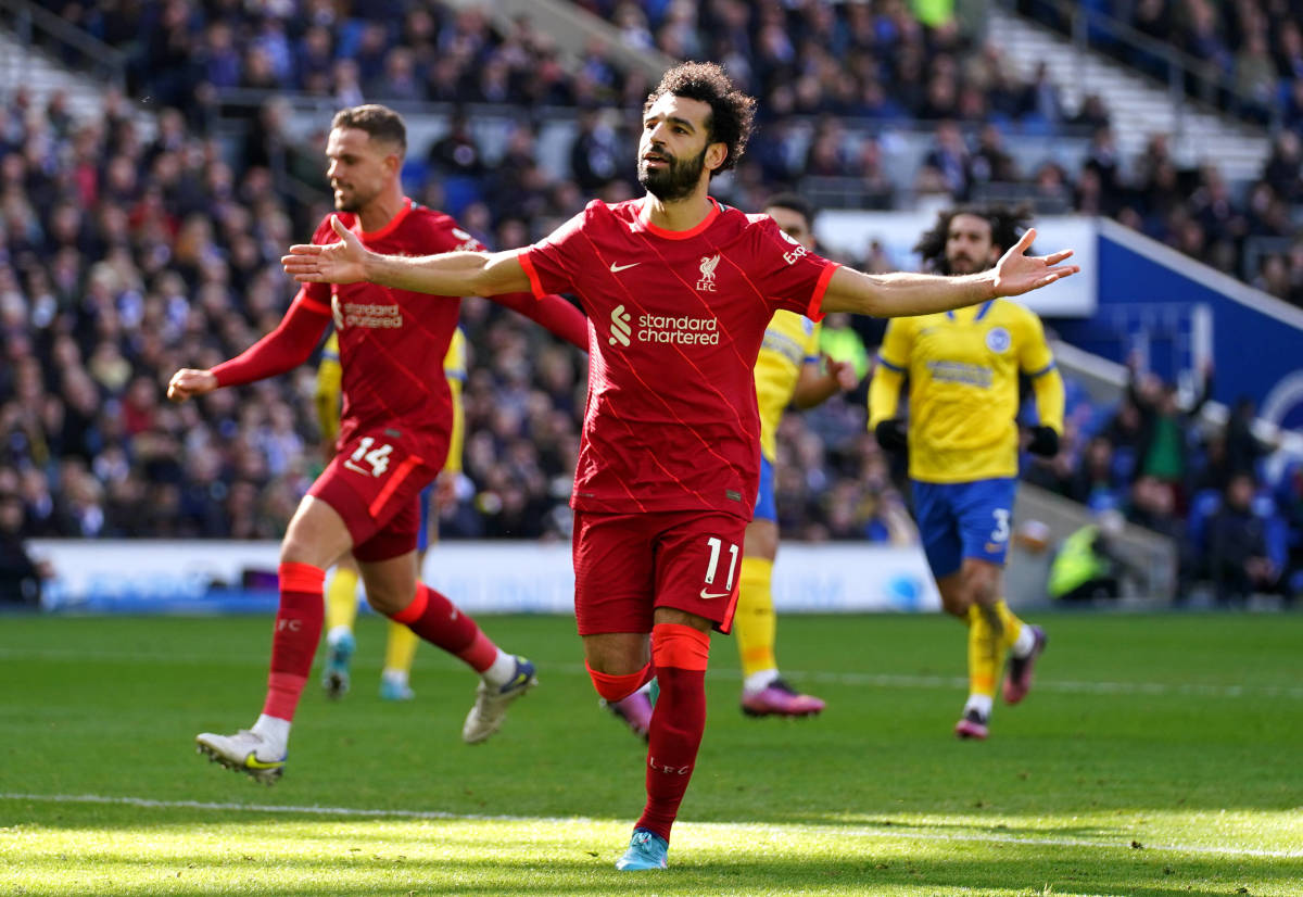 Mo Salah celebrates scoring Liverpool's 2,000th Premier League goal