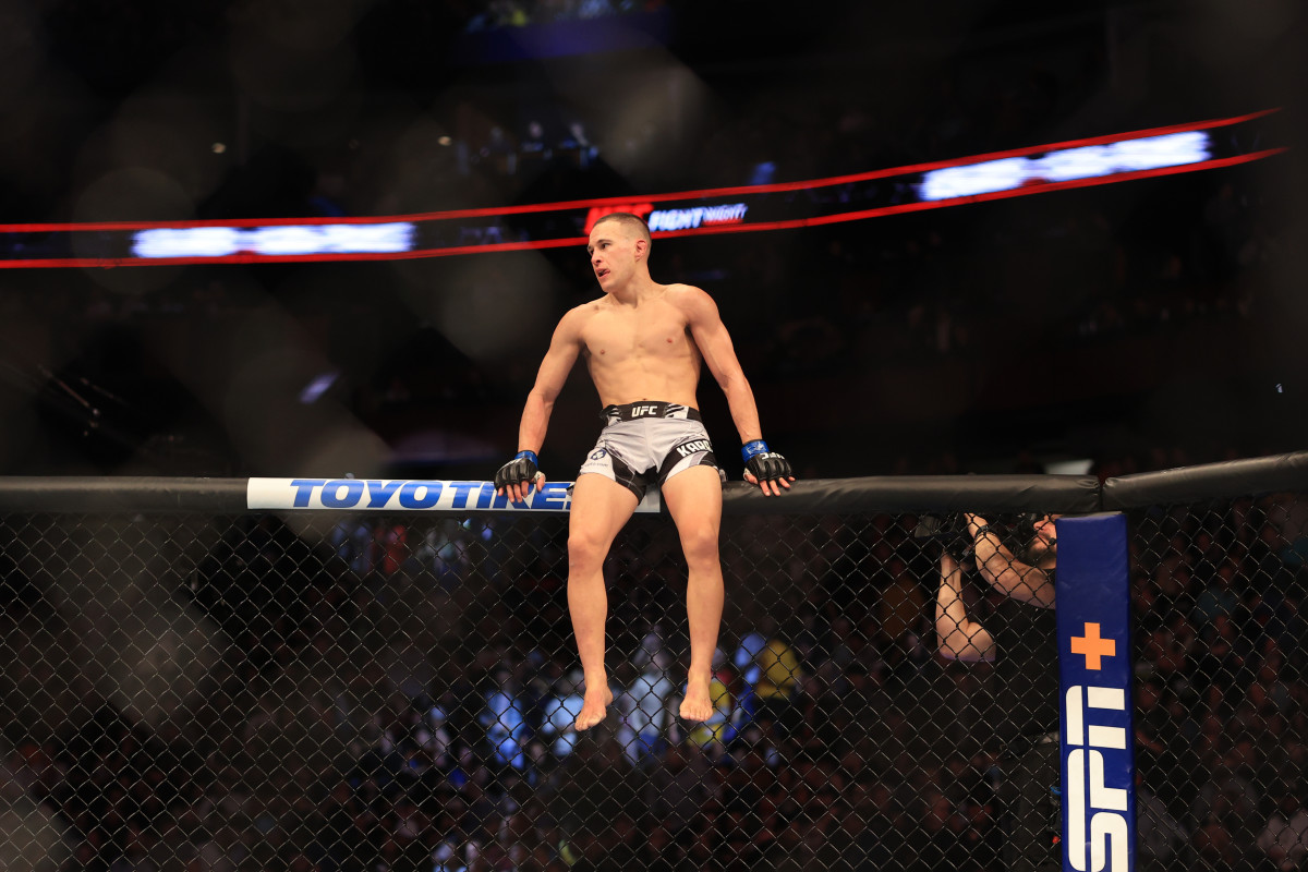 Kai Kara-France reacts to defeating Askar Askarov (not pictured) during UFC Fight Night at Nationwide Arena.