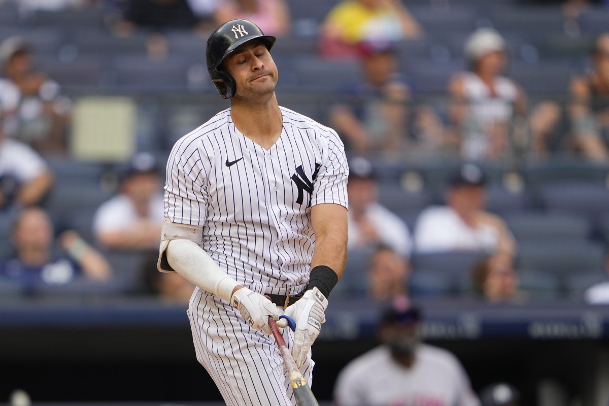 New York Yankees OF Joey Gallo reacts to strikeout