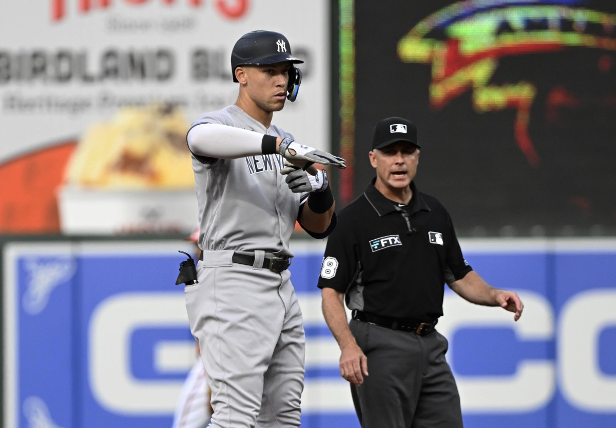 New York Yankees OF Aaron Judge celebrates double