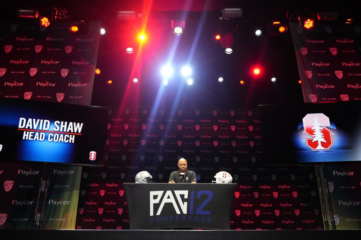 Stanford Cardinal coach David Shaw speaks during Pac-12 Media Day at Novo Theater.