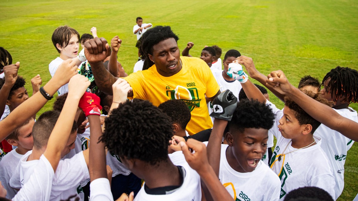 Sammy Watkins, a receiver for the Green Bay Packers and graduate of South Fort Myers High School, participates in a youth football camp that bears his name at South Fort Myers High School on Thursday, July 14. Photo by USA Today Sports.