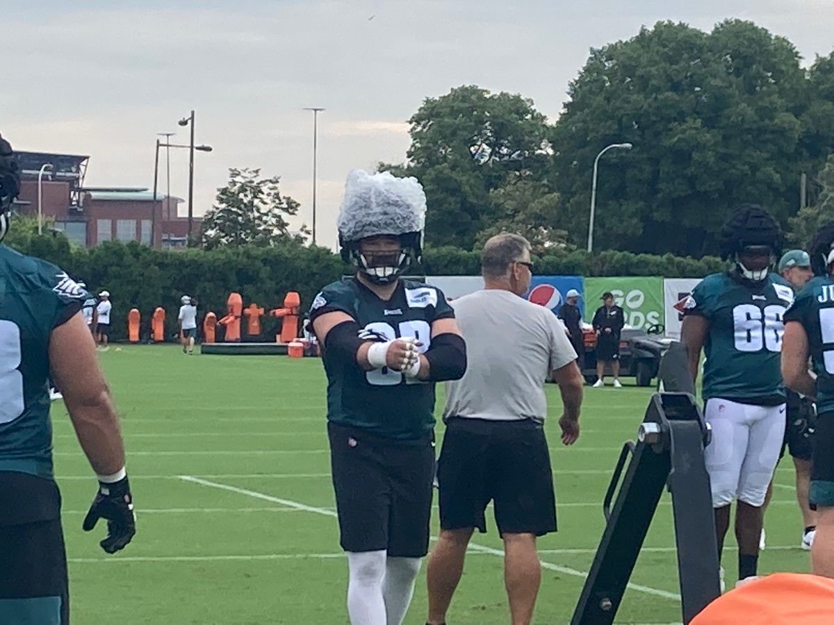 Jason Kelce uses bubble wrap as an added layer of safety to the guardian caps designed for player safety