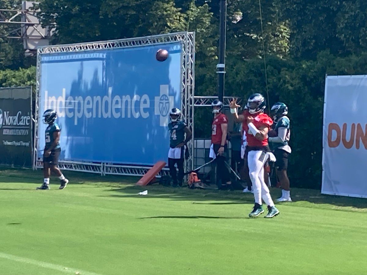 Jalen Hurts delivers a throw during a drill on July 30, 2022