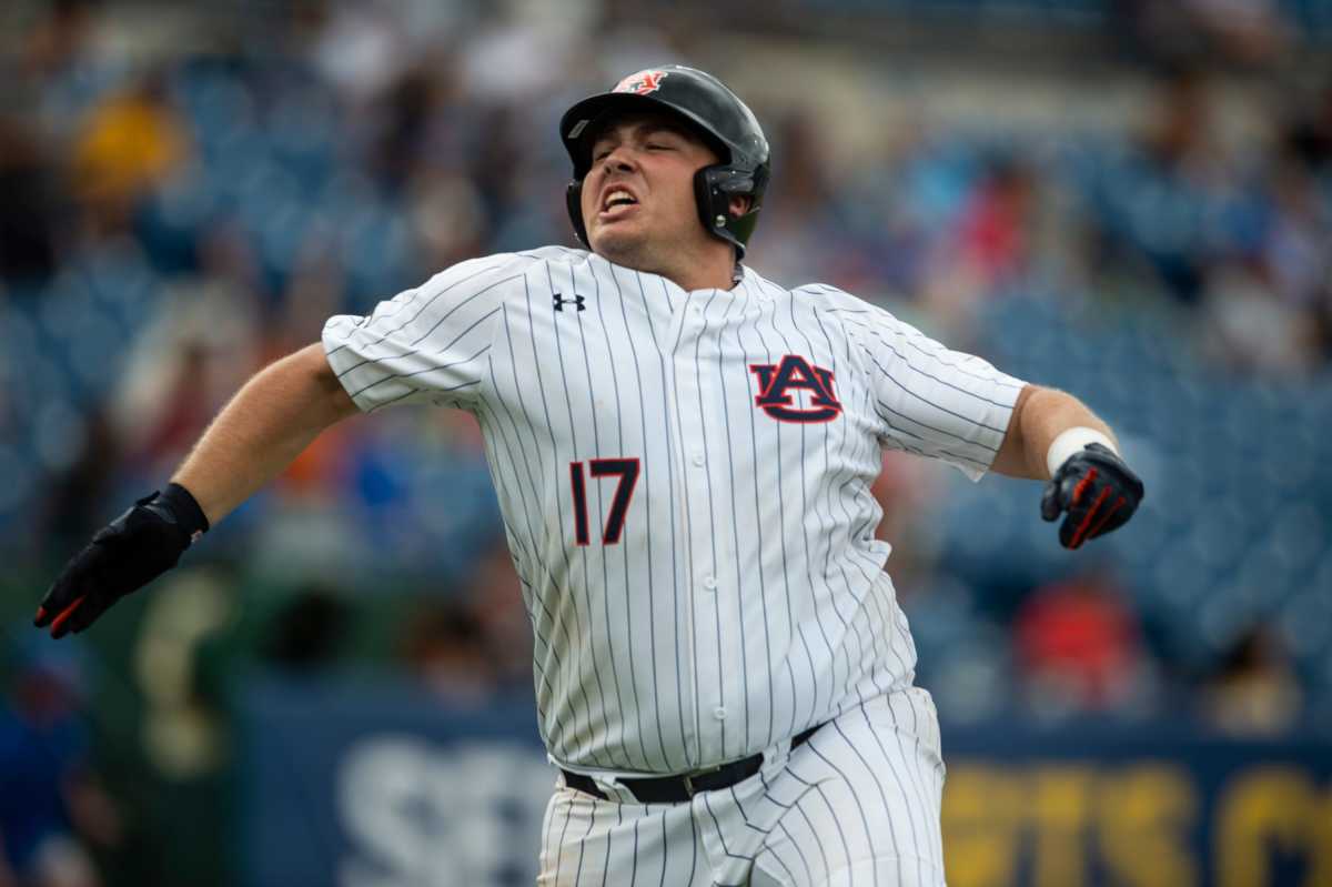Auburn Tiger s Sonny Dichiara (17) celebrates his home run during the SEC baseball tournament at Hoover Metropolitan Stadium in Hoover, Ala., on Wednesday, May 25, 2022. Kentucky Wildcats defeated Auburn Tigers 3-1.