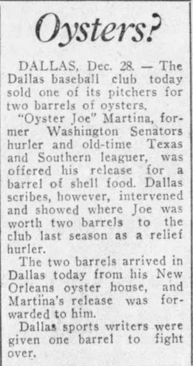 This news clipping, from The Austin American, reported that minor league pitcher “Oyster Joe” Martina was traded for two barrels of oysters in 1929.