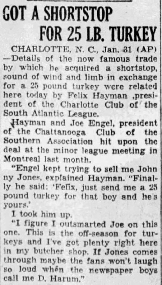 Minor League shortstop Johnny Jones was traded for a 25-pound turkey after the 1930 season, according to this Associated Press story, as it appeared in The Huntsville Times, on Jan. 31, 1931.