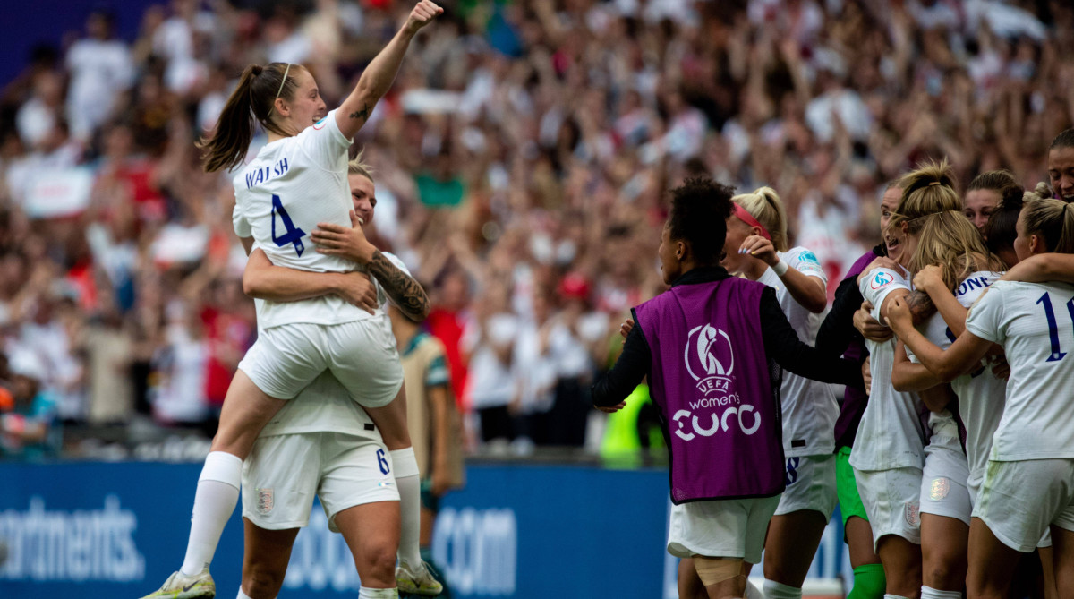 England celebrates the opening goal of the Women’s Euro final.