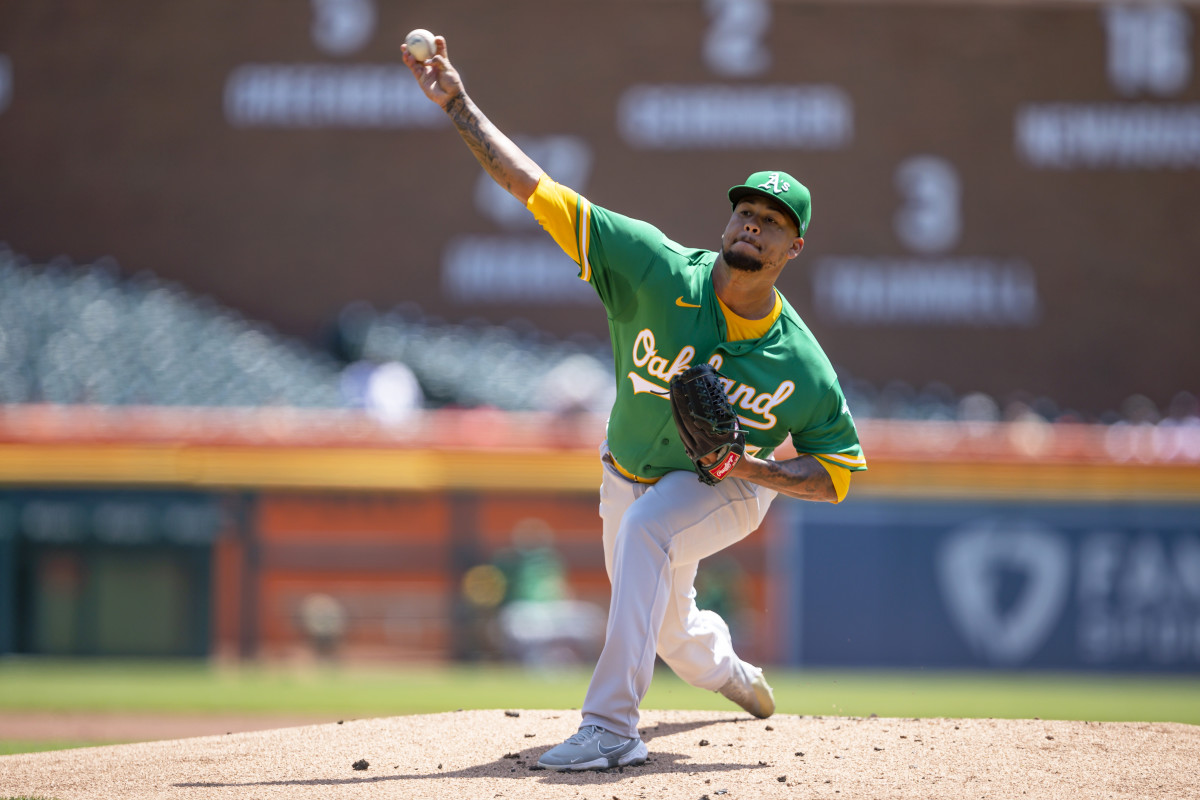 May 10, 2022; Detroit, Michigan, USA; Oakland Athletics starting pitcher Frankie Montas (47) pitches during the first inning against the Detroit Tigers at Comerica Park.