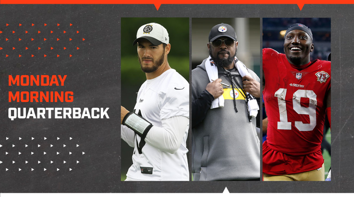 A graphic with separate photos of Mitch Trubisky, Mike Tomlin and Deebo Samuel