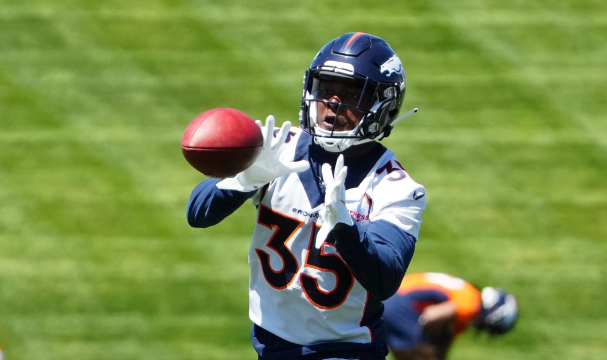 Denver Bronco cornerback Ja'Quan McMillian (35) during rookie mini camp drills at UCHealth Training Center.